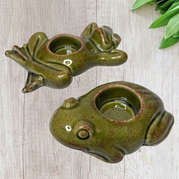 Vintage PartyLite Two Frogs Candle Holder Votive Ceramic Garden Decor Figurine - Picture 3 of 8